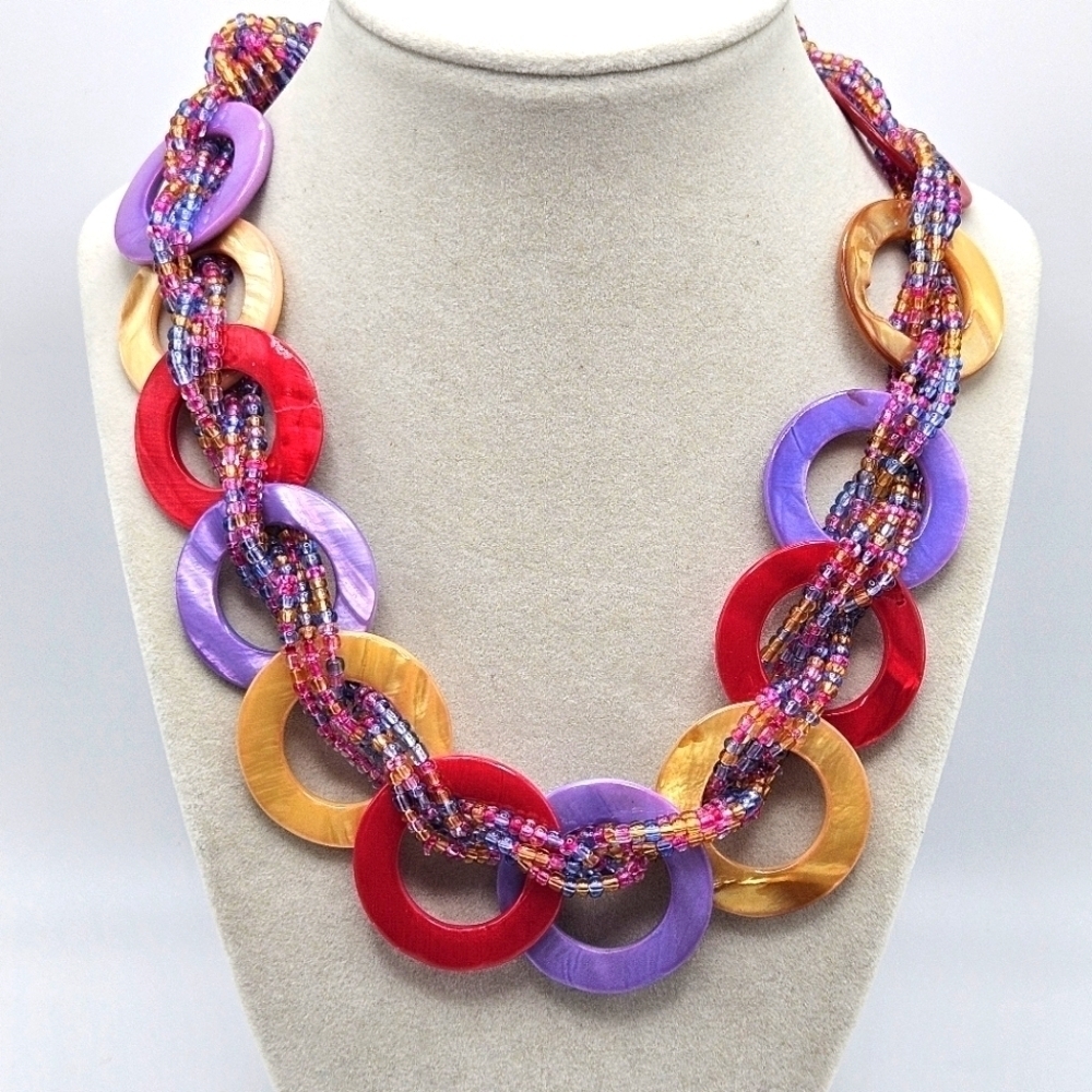 VINTAGE Glass Rings and Seed Beads Braided Statement Necklace Colorful
